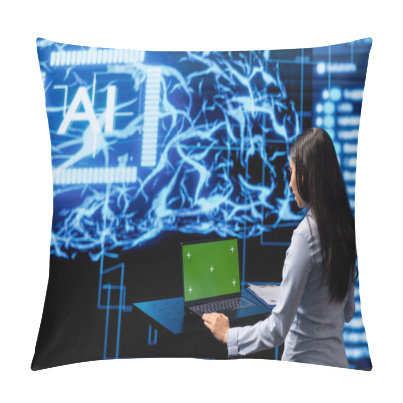 Personality  IT Expert Using Green Screen Laptop And AI Technology For Business Data Analysis In High Tech Setting. Admin Works On Mockup Notebook To Automatize Tasks Using Artificial Intelligence Pillow Covers