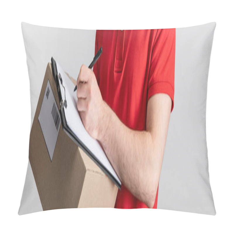 Personality  Cropped View Of Courier Writing On Clipboard And Holding Cardboard Box Isolated On Grey, Panoramic Shot Pillow Covers