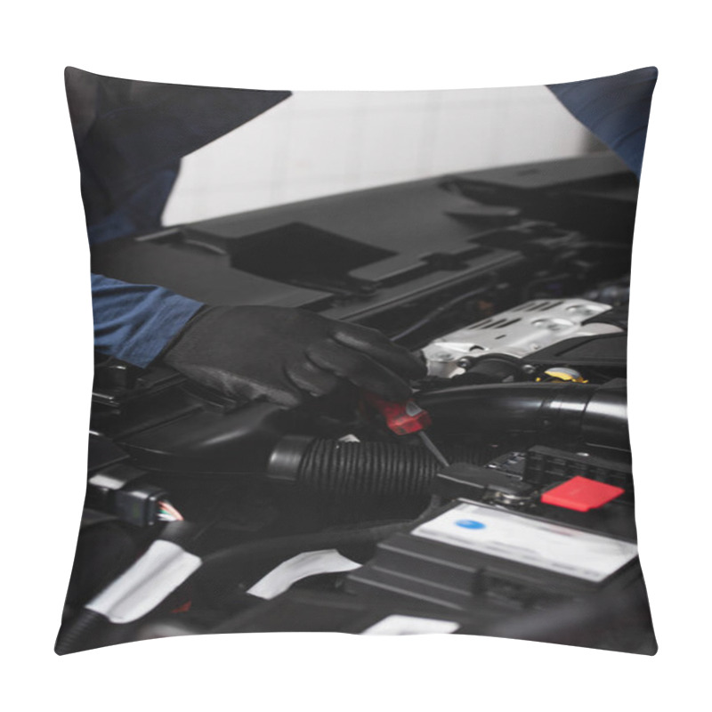 Personality  Partial View Of Mechanic Fixing Car Engine With Screwdriver Pillow Covers