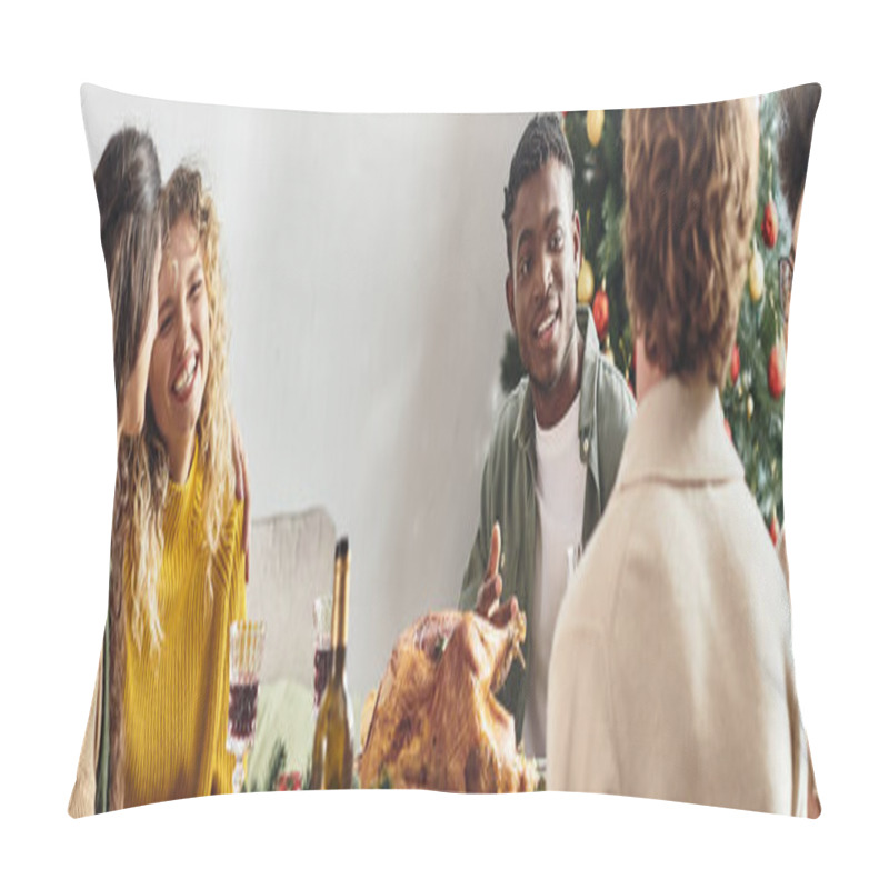 Personality  Young Multiracial Family Gathered At Holiday Table Laughing Drinking Wine, Christmas, Banner Pillow Covers