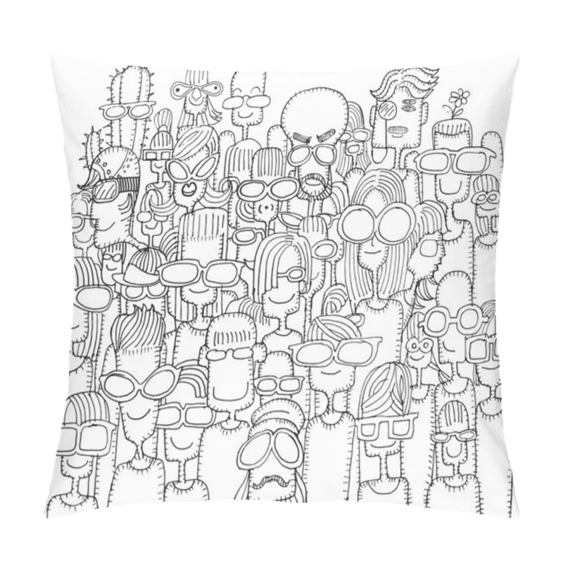 Personality  Hipster Hand Drawn Doodle Crowd Of Happy People In Sunglasses Pillow Covers