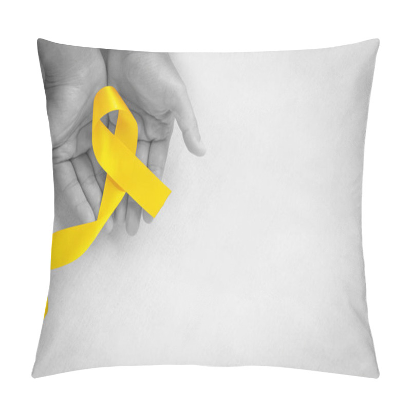 Personality  Hand Holding Yellow Ribbon On White Background, Copy Space. Bone Cancer, Sarcoma Awareness, Childhood Cancer, Cholangiocarcinoma, Gallbladder Cancer, World Suicide Prevention Day. Health Concept. Pillow Covers