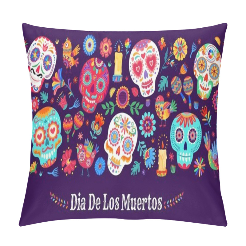 Personality  Dia De Los Muertos Mexican Holiday. Day Of The Dead Banner With Vector Pattern Of Mexico Halloween Sugar Skulls, Candles And Flowers, Maracas And Alebrije Birds, Bright Color Marigolds And Leaves Pillow Covers