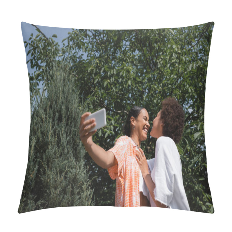 Personality  Joyful African American Lesbian Couple Taking Selfie Near Tree In Green Park  Pillow Covers