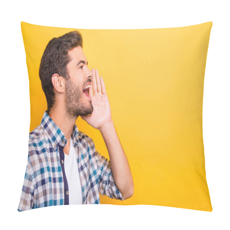 Personality  Attention. Close Up Portrait Of  Heerful Young Brunet Man In Checkered Shirt  Is Holding Hand Near Her Open Mouth Isolated On Vivid Yellow Background With Copy Space For Text Pillow Covers