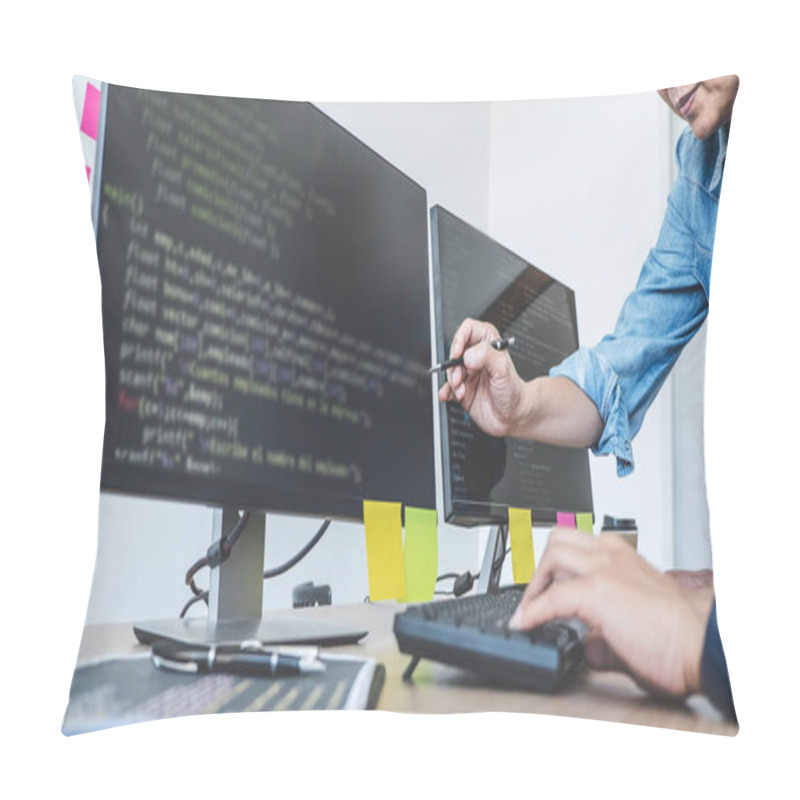 Personality  Two Professional Programmers Cooperating At Developing Programming And Website Working In A Software Develop Company Office, Writing Codes And Typing Data Code. Pillow Covers