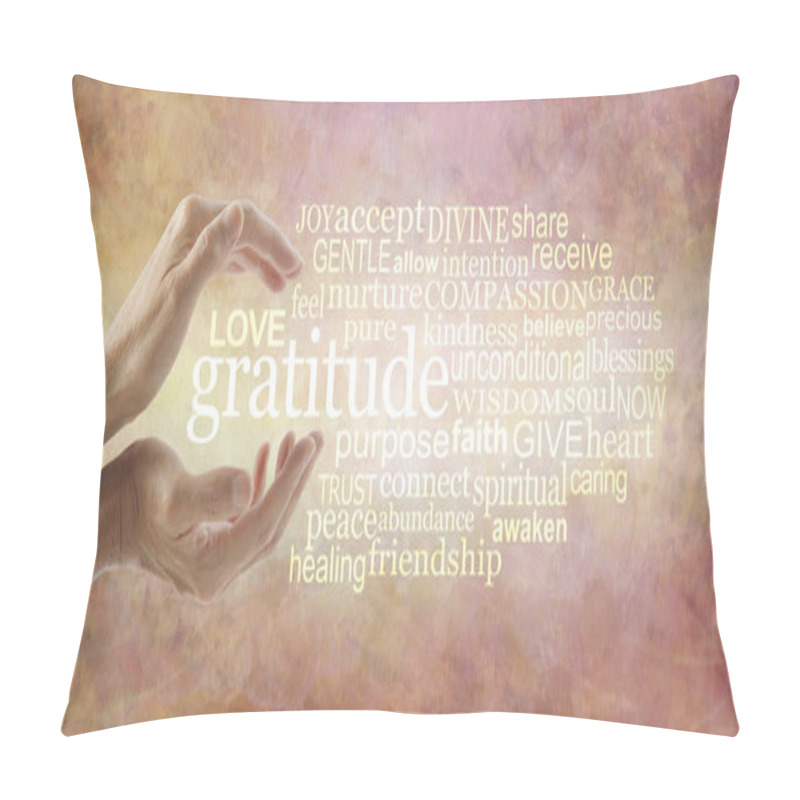 Personality  Love And Gratitude Word Cloud - Female Hands Cupped Around The Word GRATITUDE And A Relevant Word Cloud On A Warm Gold Orange Rustic Background  Pillow Covers