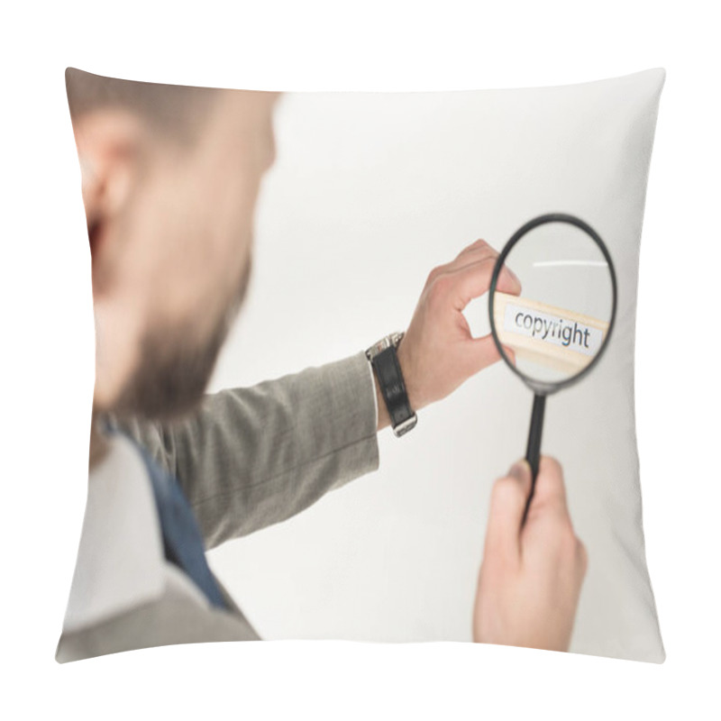 Personality  Selective Focus Of Businessman Looking At Word Copyright On Wooden Block Through Magnifying Glass Isolated On Grey Pillow Covers