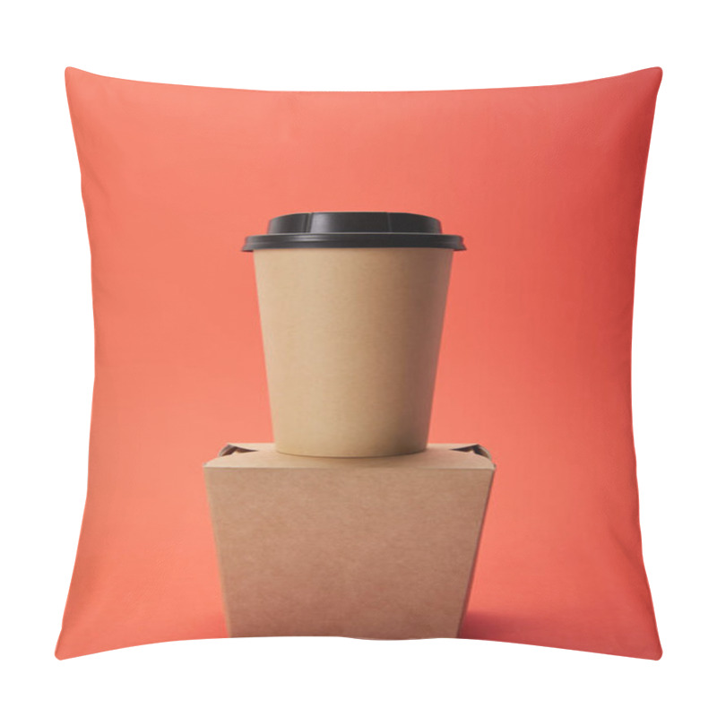 Personality  Close Up View Of Disposable Coffee Cup And Noodle Box On Red, Minimalistic Concept  Pillow Covers