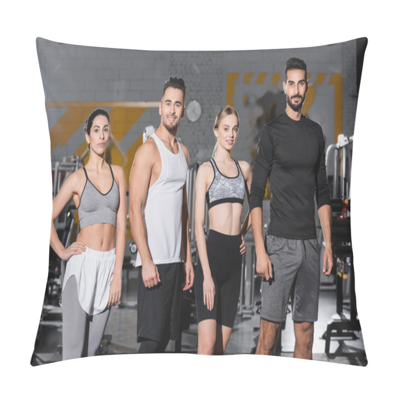 Personality  Cheerful Interracial People In Sportswear Looking At Camera In Gym  Pillow Covers