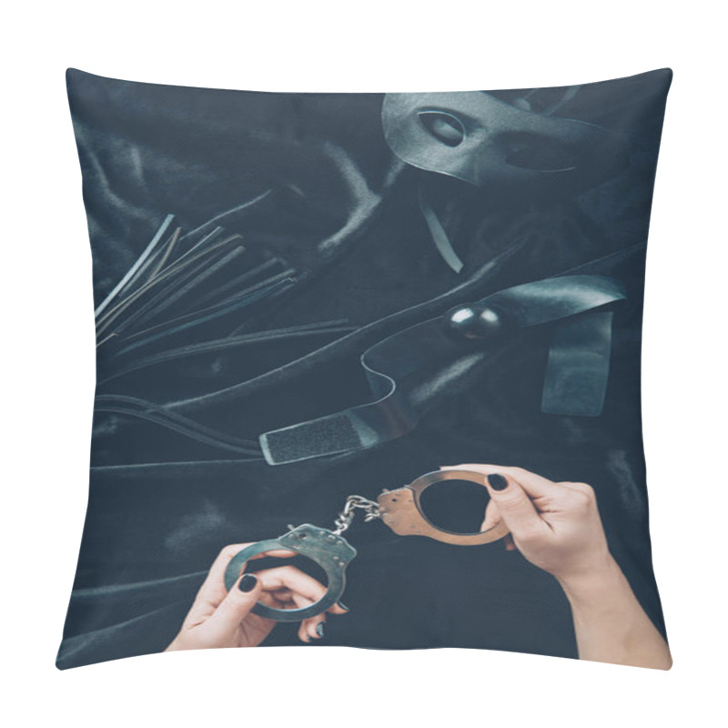 Personality  Cropped Shot Of Woman Holding Handcuffs, Leather Whip, Gag And Mask On Black Fabric Pillow Covers