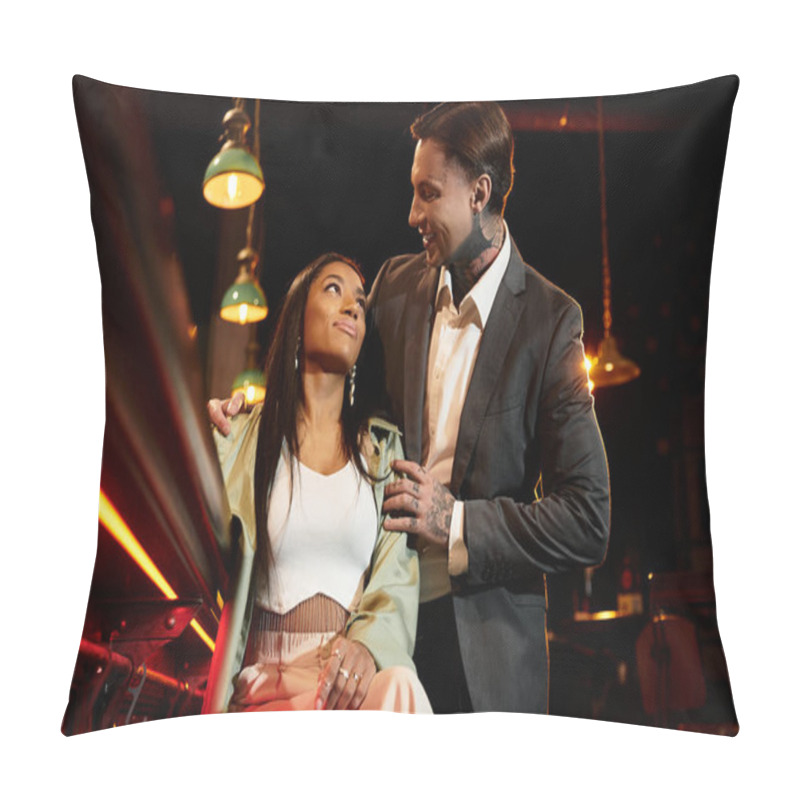 Personality  A Multicultural Couple Shares A Heartfelt Moment During Their Night Out At A Lively Bar. Pillow Covers