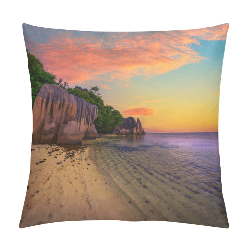 Personality  Colorful Sunset Over Anse Source Dargent Beach At The La Digue Island, Seychelles, With Calm Water Of The Indian Ocean And Amazing Granite Rock Formations. Pillow Covers