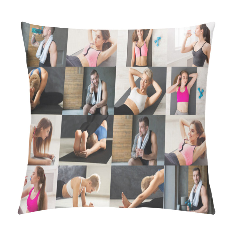 Personality  Collage Of Young Man And Women Practicing Yoga Pillow Covers