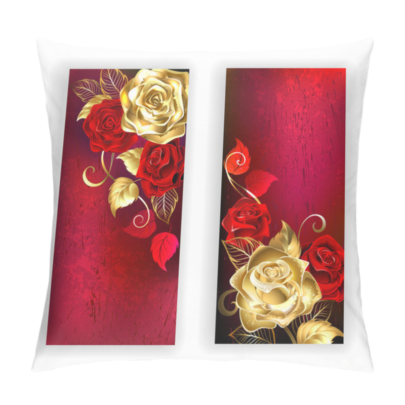 Personality  Two Red Banner With Gold Roses Pillow Covers