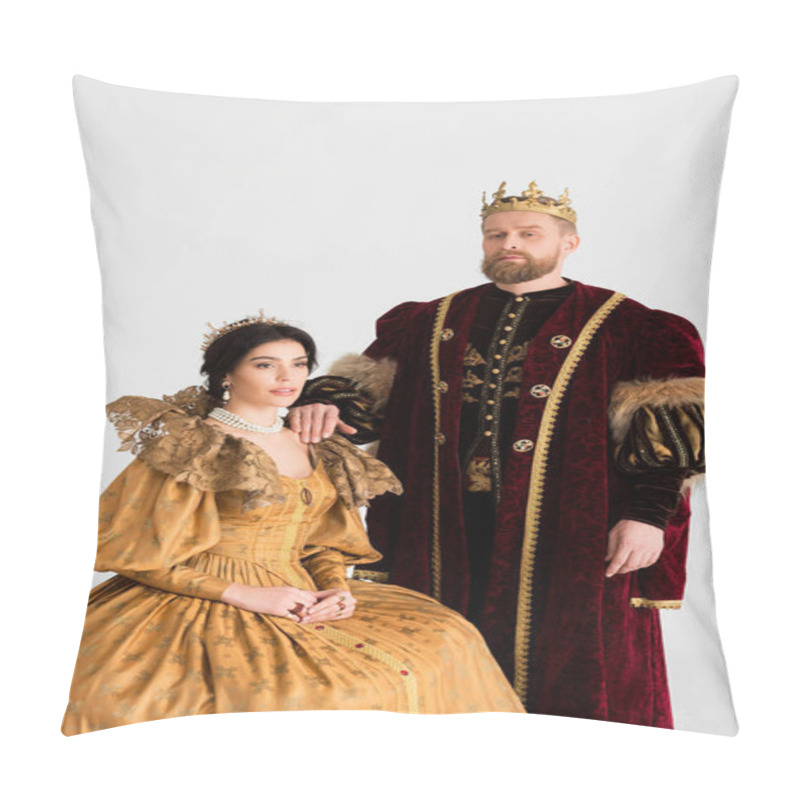 Personality  Queen And King With Crowns Looking At Camera Isolated On Grey  Pillow Covers