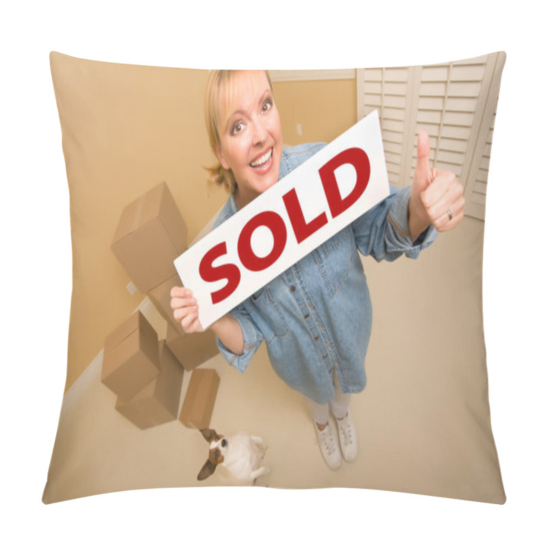 Personality  Woman And Doggy With Sold Sign Near Moving Boxes Pillow Covers