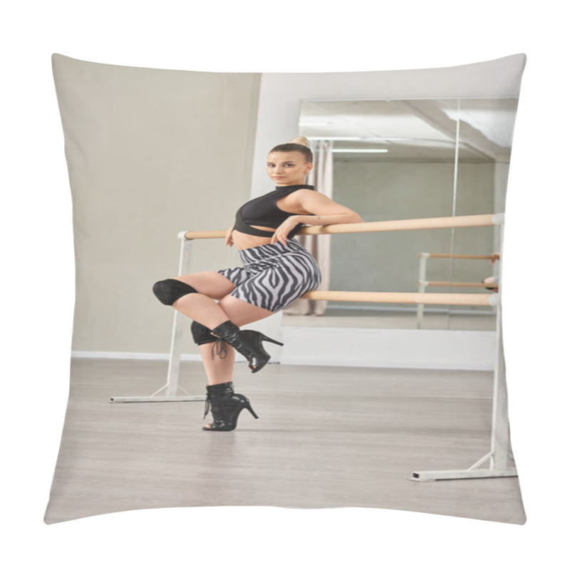 Personality  A Graceful Dancer Strikes A Pose Against A Wall, Showcasing Her Strength And Balance In High Heels Pillow Covers