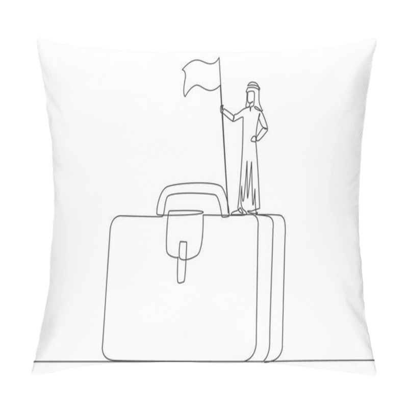 Personality  Continuous One Line Drawing Of Young Arabian Businessman Standing On Giant Briefcase Holding Flag. Going On A Business Trip To Find Newer Ideas In Startup Business. Single Line Draw Design Vector Pillow Covers