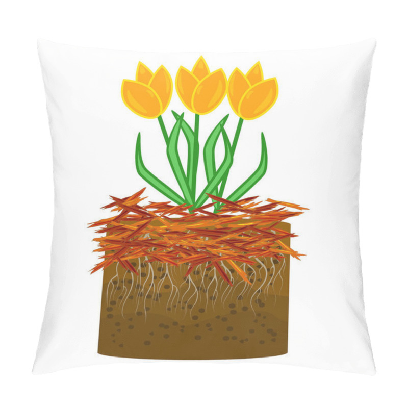 Personality  Mulch Gardening Concept With Tulip, Red Mulch And Soil Isolated On White Background. Agriculture Countryside Outdoor Seasonal Work. Mulching Of Plants, Soil Protection. Landscape Design Mulch. Vector Pillow Covers