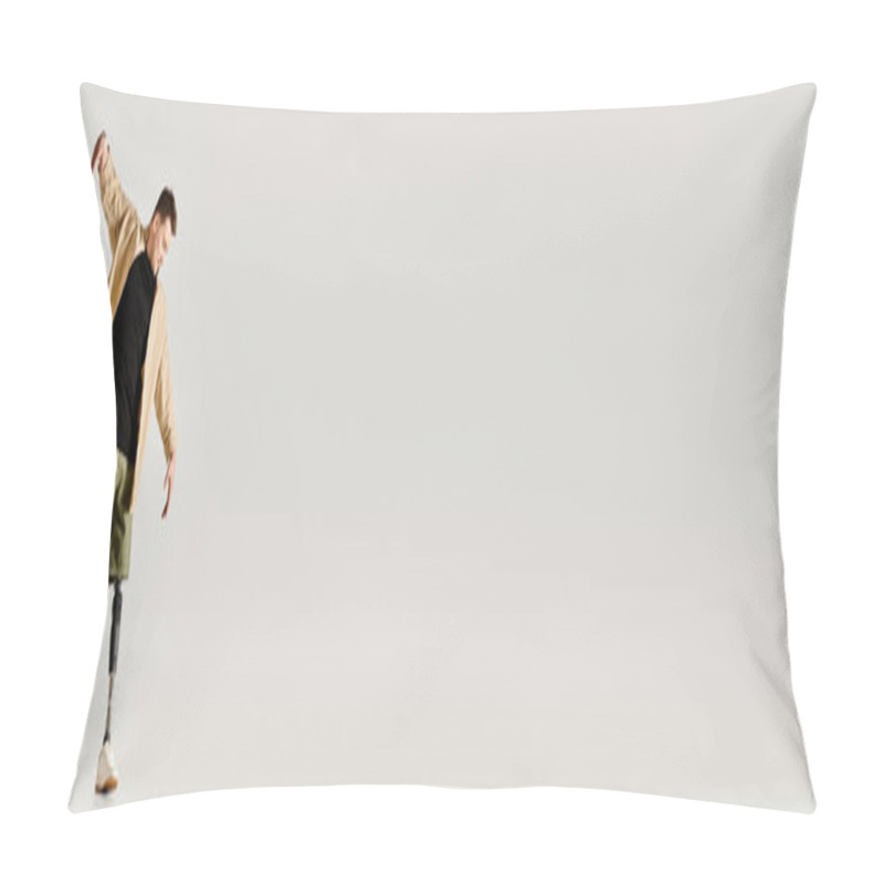 Personality  Handsome Man With Prosthetic Leg In A Cast, Striking A Dynamic Pose. Pillow Covers