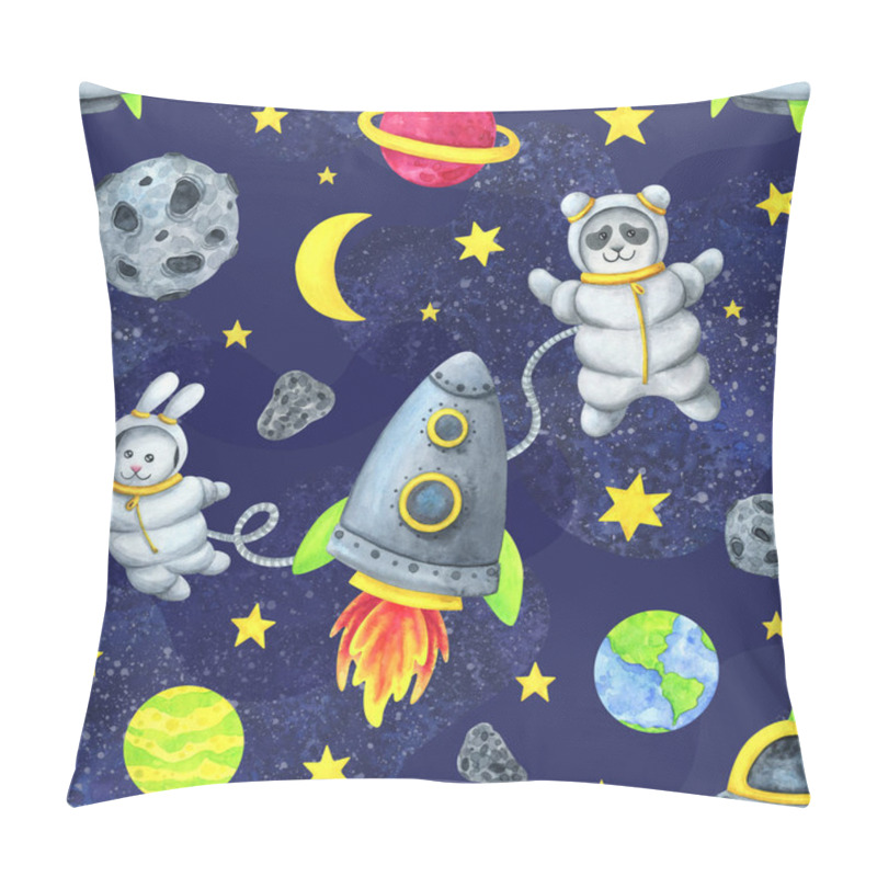 Personality  Space Children's Seamless Pattern. Rocket, Flying Saucer, Planets, Stars, Astronaut Panda And Hare, Travel Through The Universe. Watercolor Print Of A Cartoon About An Intergalactic Flight On A Blue Background Pillow Covers