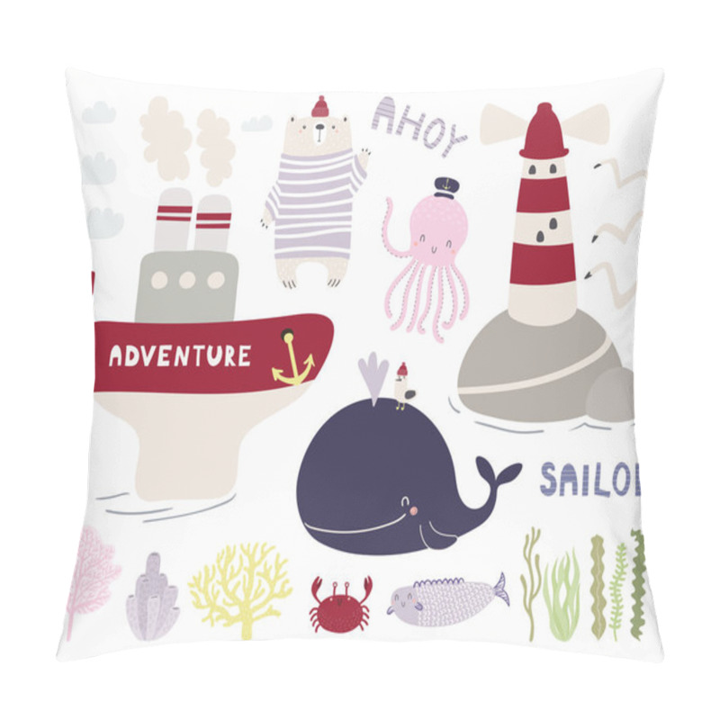 Personality  Sea Set With Cute Funny Animals And Ship With Lighthouse And Seaweed, Hand Drawn Vector Illustration, Scandinavian Style Flat Design, Concept For Children Print  Pillow Covers