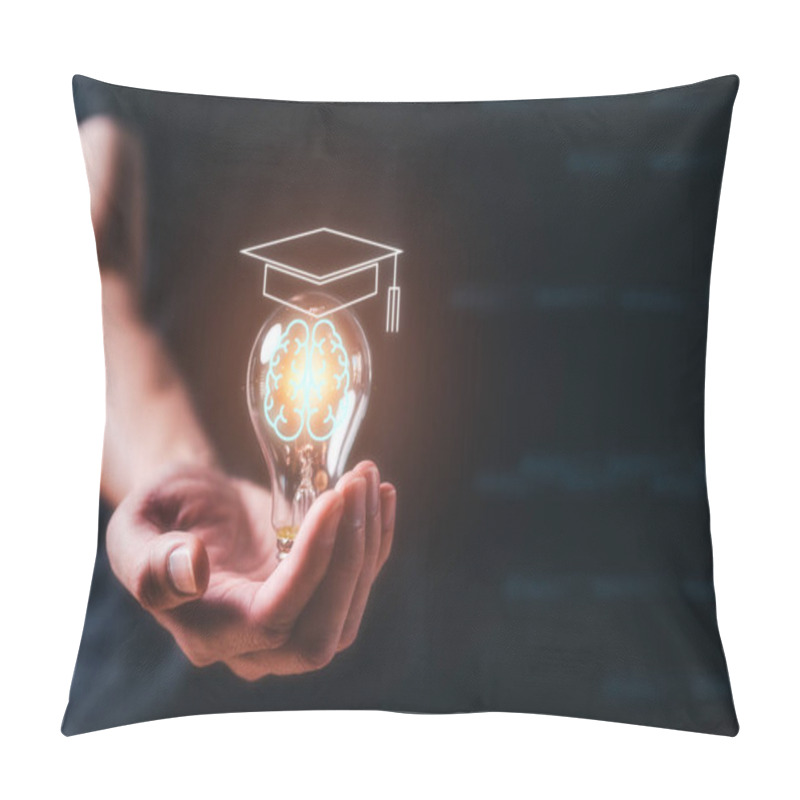 Personality  Man Holding Lightbulb Showing Graduation Hat, Internet Education Course Degree, Knowledge Creative Thinking Idea Problem-solving Solution, E-learning Graduate Certificate Program Concept Pillow Covers