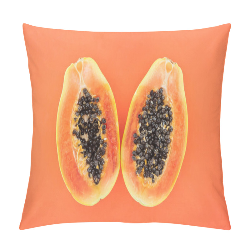 Personality  Top View Of Ripe Bright Papaya Halves With Black Seeds Isolated On Orange Pillow Covers