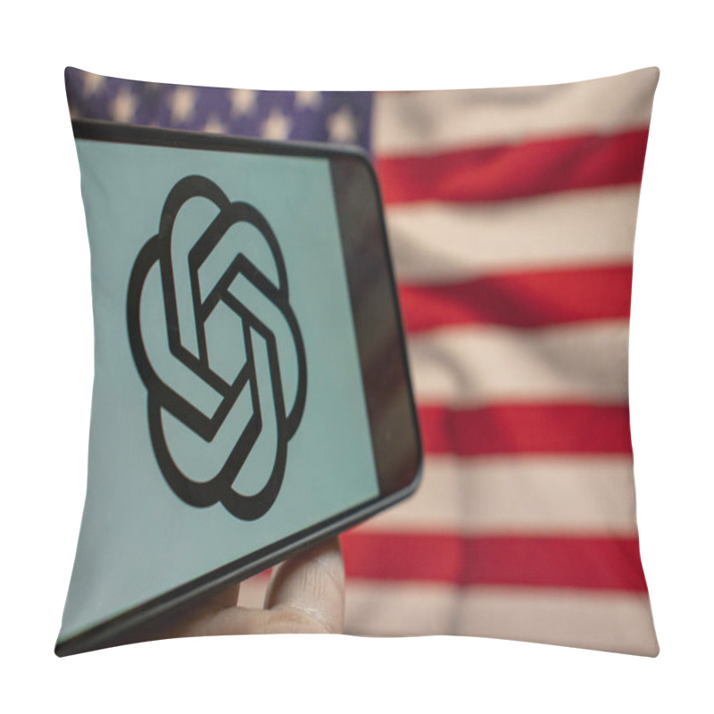 Personality  Warsaw Poland - September 20 2024: A Close-up Of A Smartphone Displaying The OpenAI Logo Against A Backdrop Of The American Flag Symbolizing Technology And Innovation. Pillow Covers