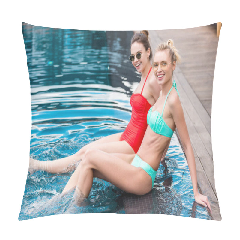 Personality  Happy Young Women Sitting In Swimming Pool And Looking At Camera Pillow Covers