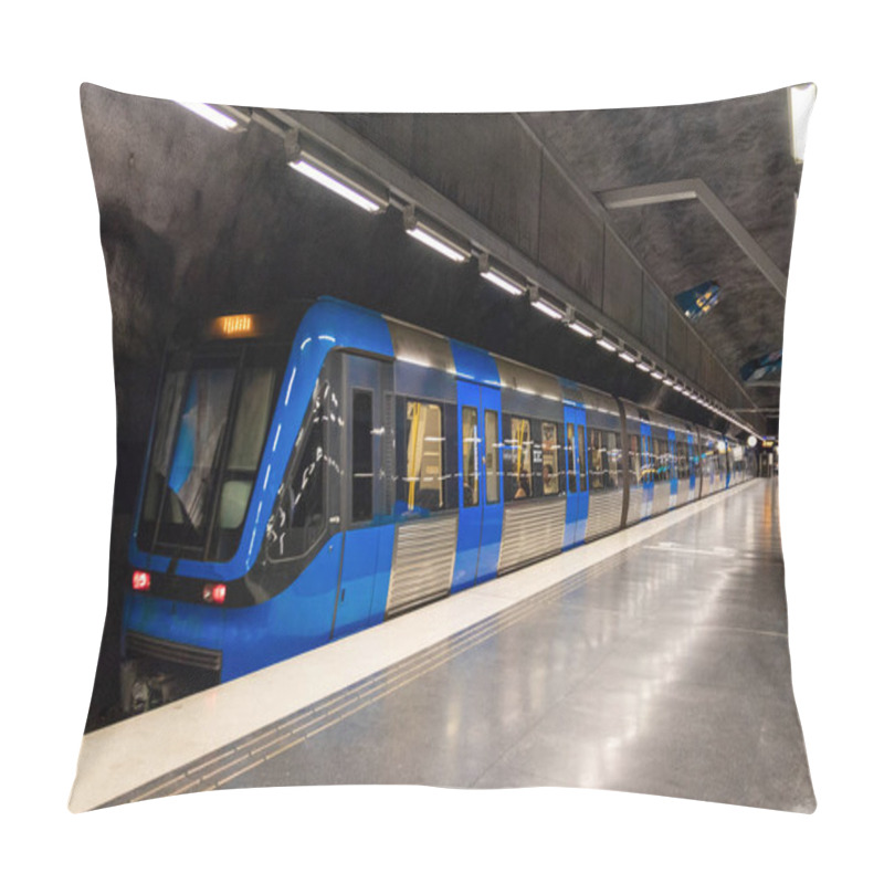 Personality  Stockholm, Sweden June 7 2019: Modern Illuminated Solna Strand Underground Subway Station With Blue Moving Train. Pillow Covers