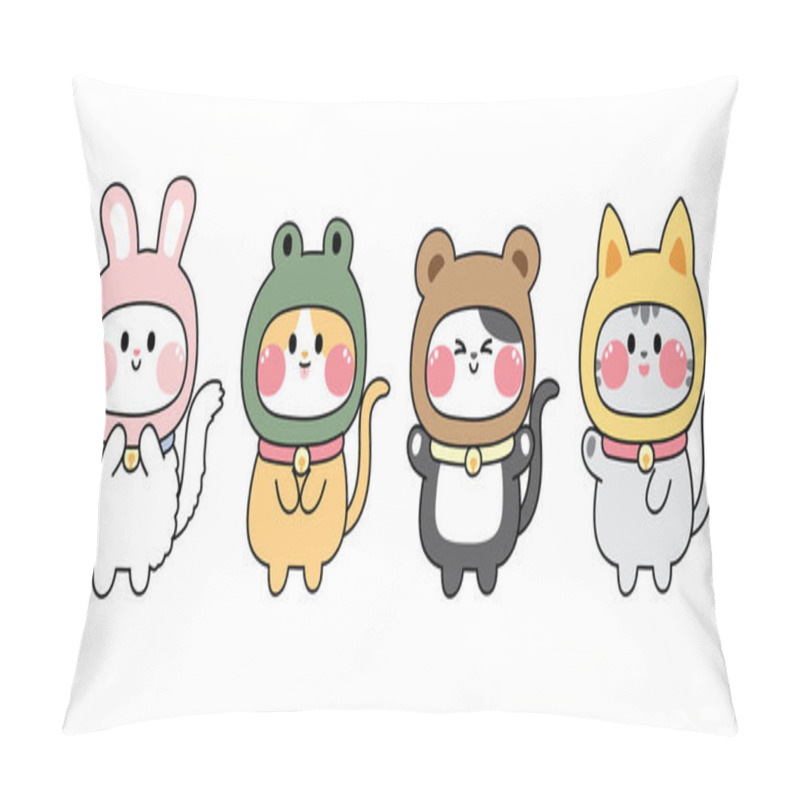 Personality  Set Of Cute Cat In Animal Costume.Pet Character Design Collection.Rabbit,frog,bear,dog Hand Drawn.Meow.Mascot.Kawaii.Vector.Illustration Pillow Covers