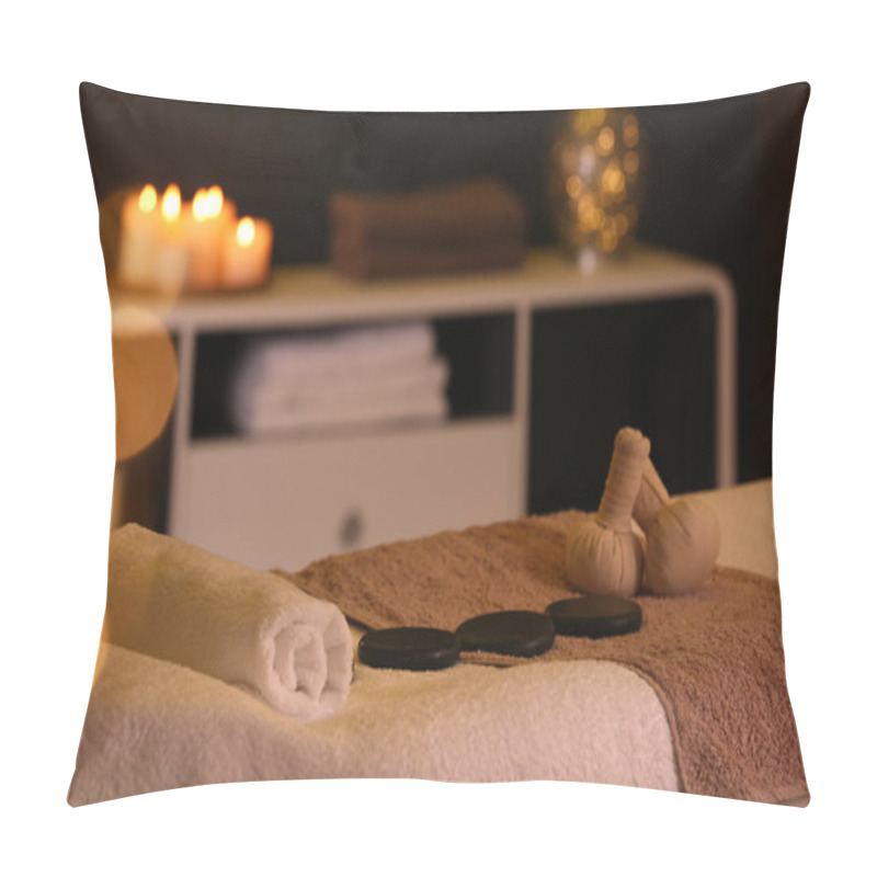 Personality  Herbal Compresses And Stones On Massage Table In Spa Salon Pillow Covers