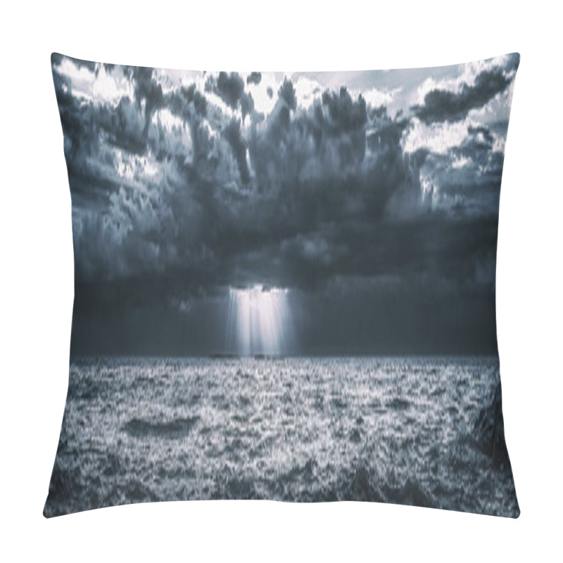 Personality  Dramatic Storm Clouds Over Cold Sea Water. Panoramic Seascape Background. Pillow Covers