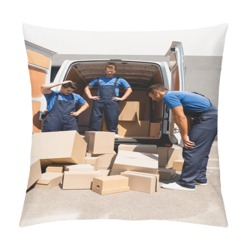 Personality  Pensive Movers Looking At Packages Near Truck On Urban Street  Pillow Covers