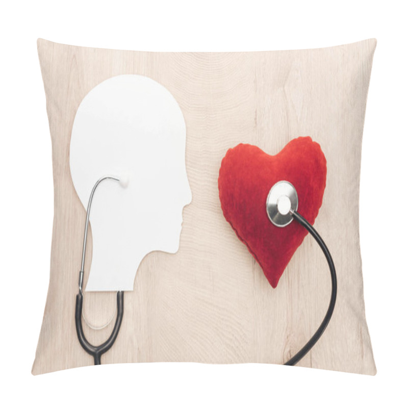 Personality  Top View Of Toy Heart, Stethoscope And Paper Face On Wooden Background  Pillow Covers