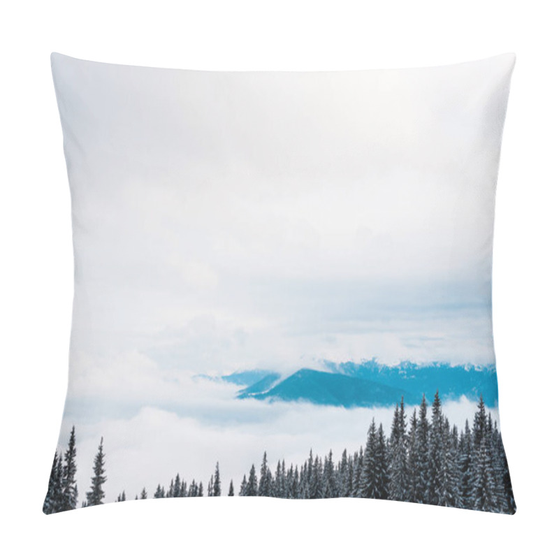 Personality  Scenic View Of Snowy Mountains With Pine Trees And White Fluffy Clouds Pillow Covers