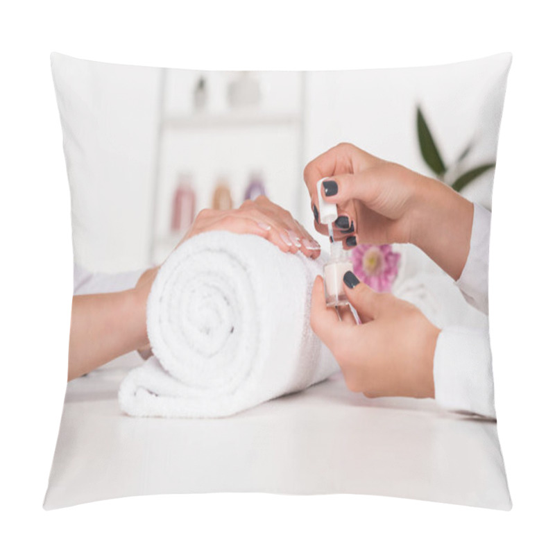 Personality  Partial View Of Woman Receiving Manicure By Beautician With Nail Polish At Table With Flowers And Towel In Beauty Salon  Pillow Covers