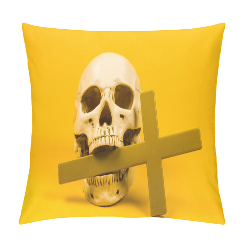 Personality  This Striking Image Of A Skull Adorned With A Cross Against A Vibrant Yellow Backdrop Encapsulates The Juxtaposition Of Mortality And Spirituality, Making It Perfect For Artistic Projects. Pillow Covers