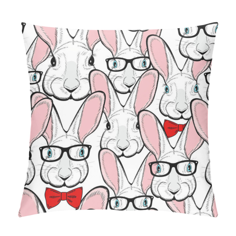 Personality  Crowd Of Rabbits In Retro Glasses And With Bow Tie. Vector Seamless Pattern. Pillow Covers