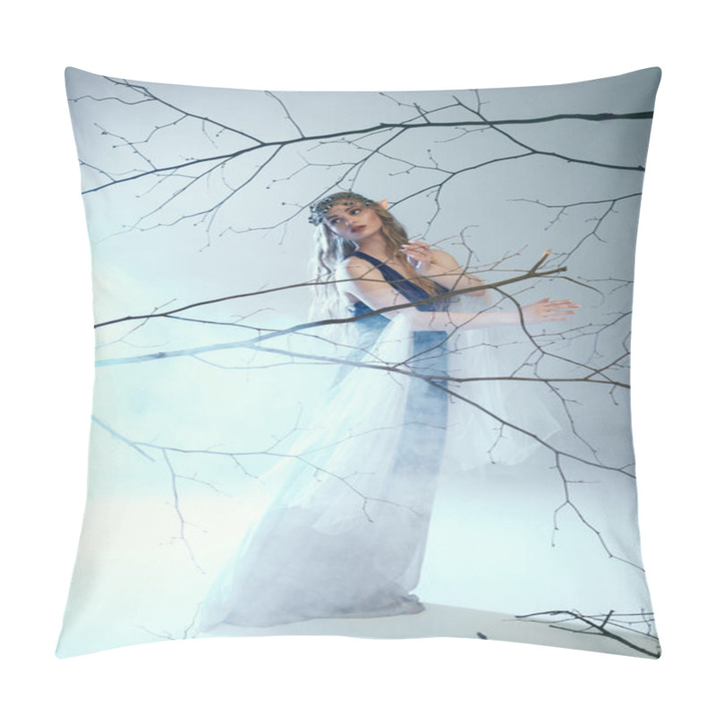 Personality  A Young Woman In A White Dress, Resembling An Elf Princess, Stands Gracefully In Front Of A Majestic Tree In A Fairytale-like Setting. Pillow Covers