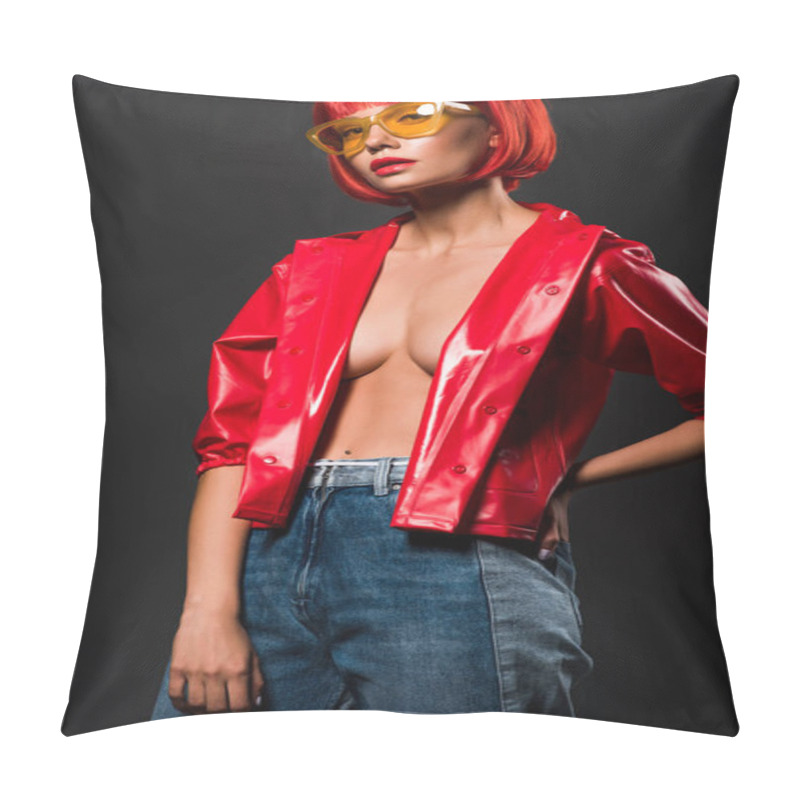 Personality  Beautiful Young Woman In Short Red Raincoat On Bare Skin And Vintage Eyeglasses Isolated On Grey Pillow Covers