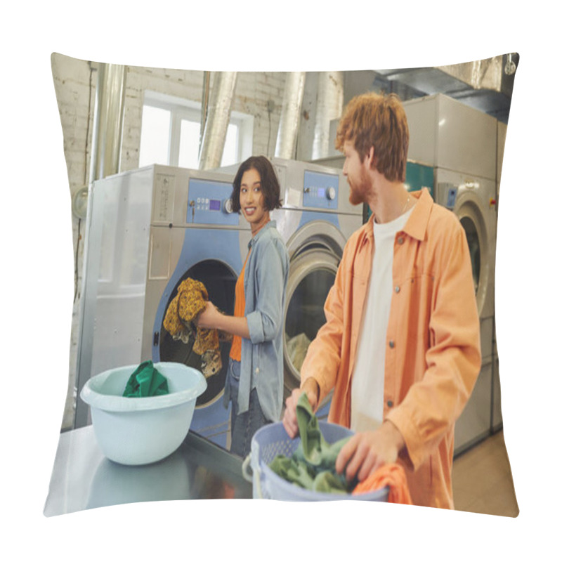 Personality  Smiling Asian Woman Holding Clothes Near Blurred Boyfriend With Basket In Public Laundry Pillow Covers