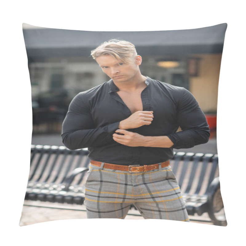 Personality  A Handsome Blonde Man Wearing A Black Shirt And Plaid Pants Stands On A Street In Orlando, Florida. Pillow Covers