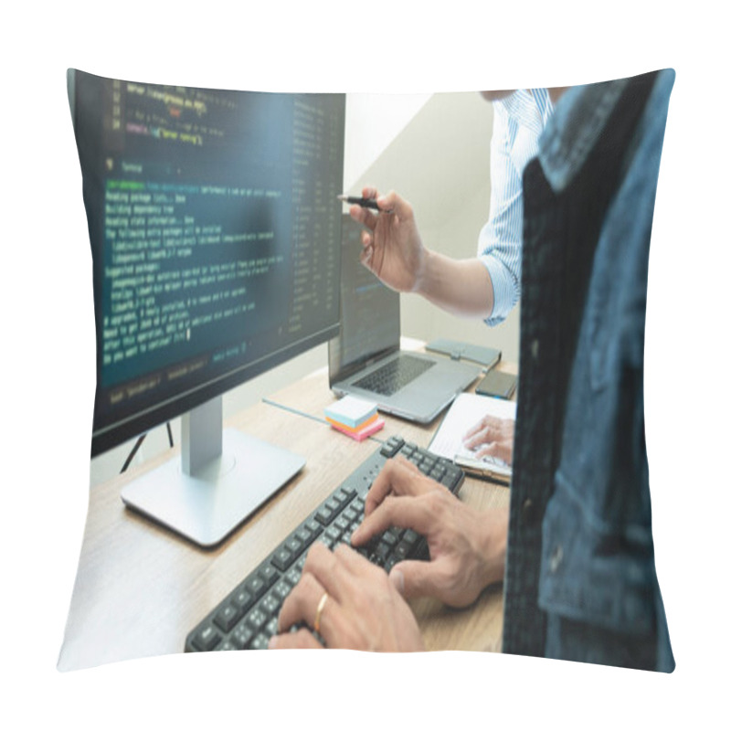 Personality  Team Of Programmers Working Together Development Website Design And Coding Technologies In A Software Develop Company Office, Coworkers Team Concept Pillow Covers