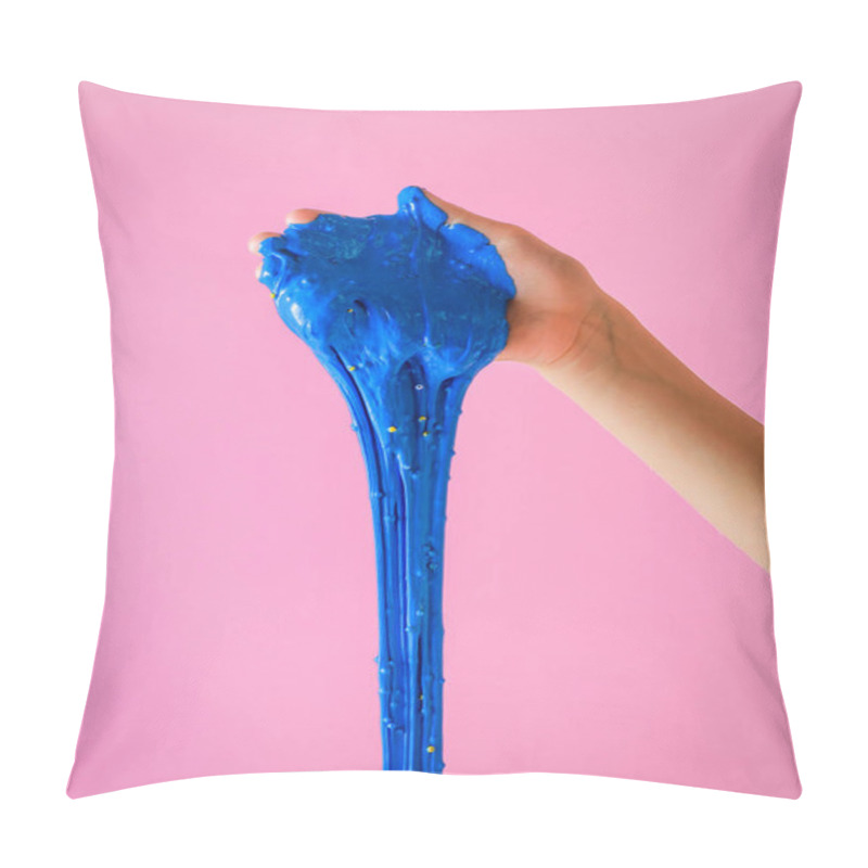 Personality  A Large Blue Slime Is Dripping From The Child's Right Hand On A Pink Background. Pillow Covers