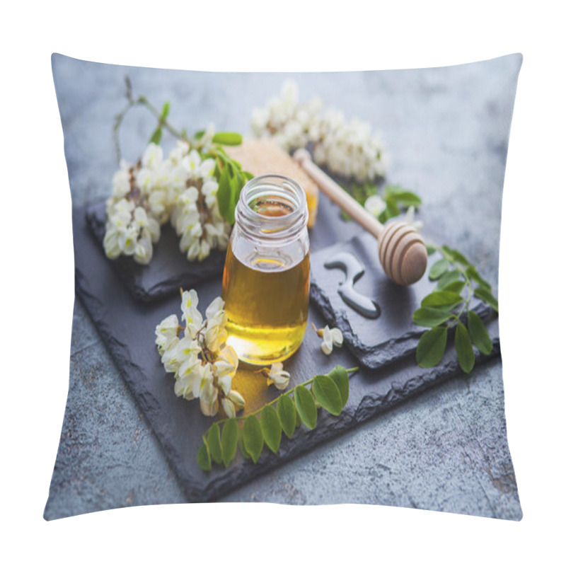 Personality  Glass Jar Of Acacia Honey With Dipper And Acacia Flowers. Pillow Covers