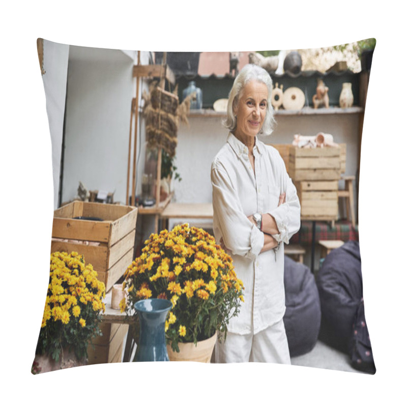 Personality  The Graceful Woman Enjoys Her Time Surrounded By Blooming Flowers And Rustic Decor. Pillow Covers