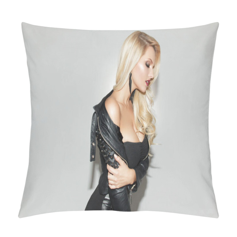 Personality  Young Stylish Girl In Black Leather Jacket Posing, In Profile. Fashionable Blonde Woman With Long Hair And Makeup. Pillow Covers